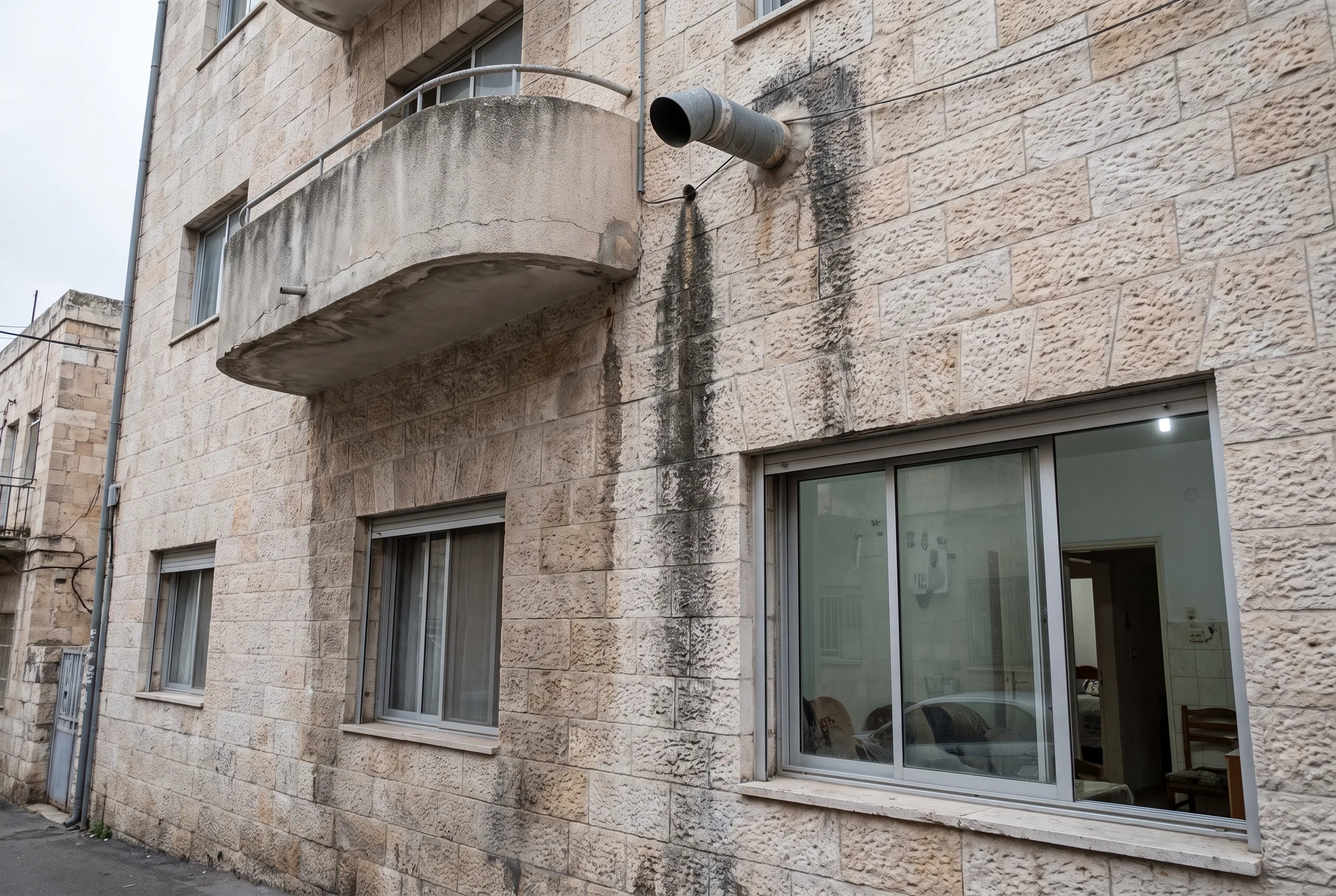 כתמי רטיבות על חיפוי אבן ירושלמית בבניין מגורים